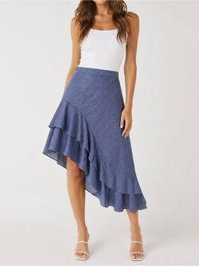 A New Day Blue Striped Ruffle Wrap Skirt Size 12 Asymmetrical Hem